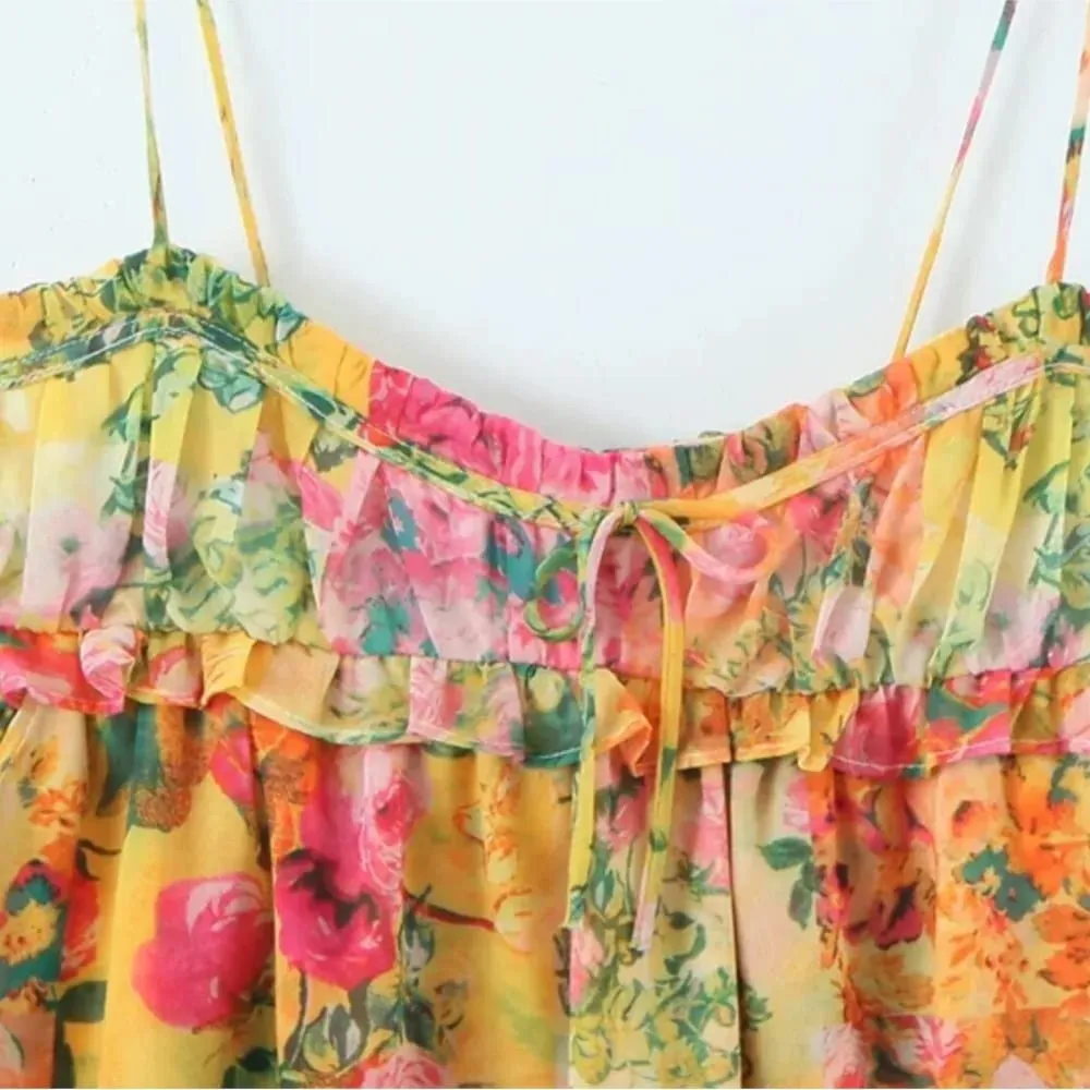 Women Bow Lacing up Sling Robe Holiday BOHO Ruched Chest Orange Flower Print Spaghetti Strap Mini Dress