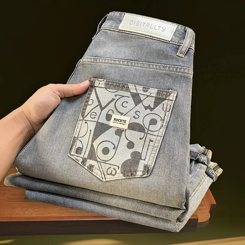 Jeans for men in spring and summer 2025 printed with small feet loose and casual stretch denim long pants