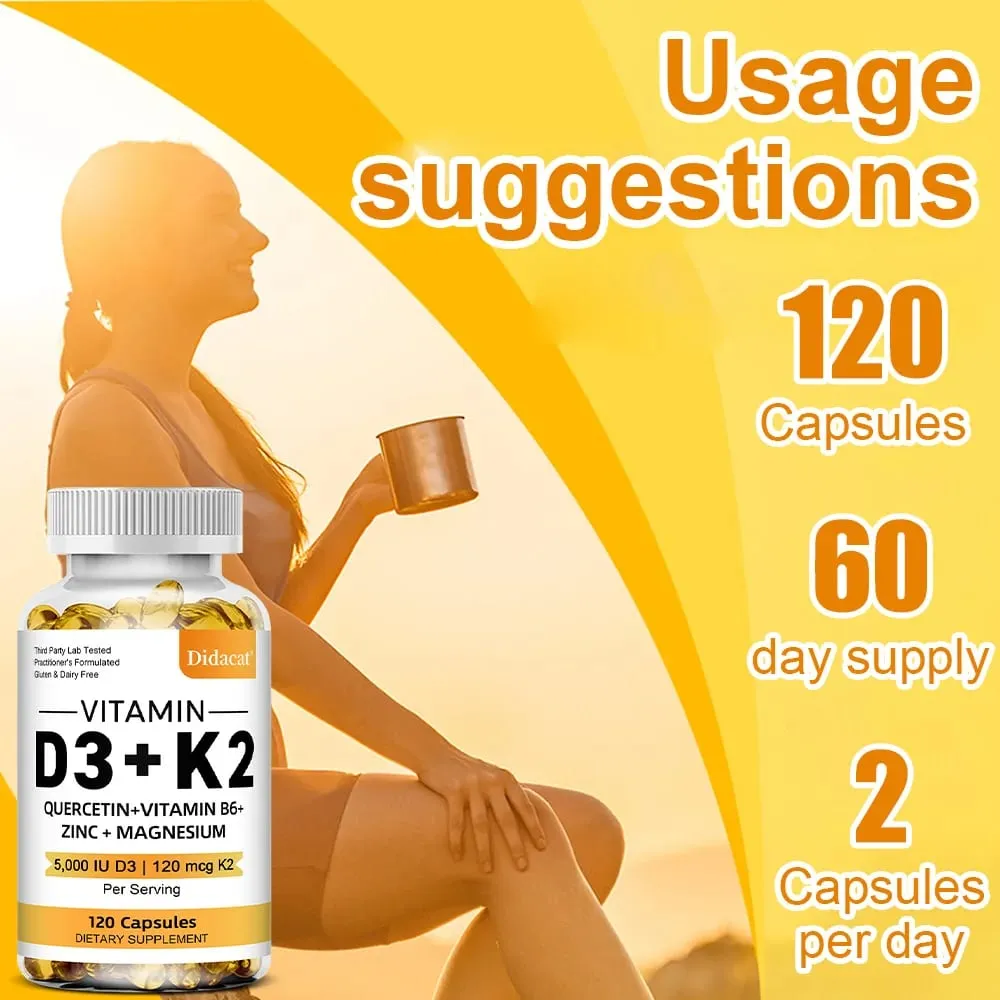 Vitamin D3 5000IU and 120 Mcg Vitamin K2 Capsules for Calcium Absorption Bone Regeneration Immune Support Easy To Melt — image 6