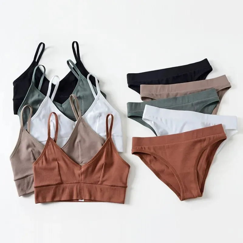 Solid Color Women Underwear Set Thin Strap V Neck Bra Briefs Soft Stretch Lingerie Sleep Outfit — image 1