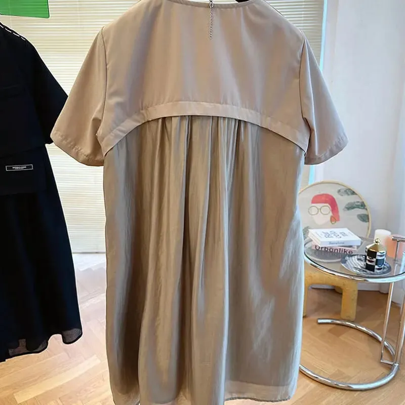 Stylish Asymmetrical Patchwork Midi Dress Women's Clothing Fake Two Pieces Loose Summer V-Neck Button Basic Solid Color Dresses — image 5