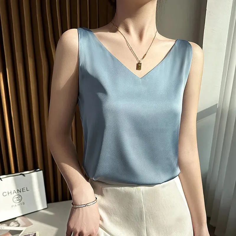 Silk Satin Women Double Shoulder Camisole Tank Top V-neck Sleeveless Top T-shirt Elegant Crop Top Solid Casual Basic 2025 Summer — image 11