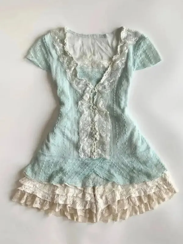 Kvinnors Y2K vintage spets patchwork klänning tvådelad set sommar elegant retro cardigan + söt mode ärmlös smal miniklänning