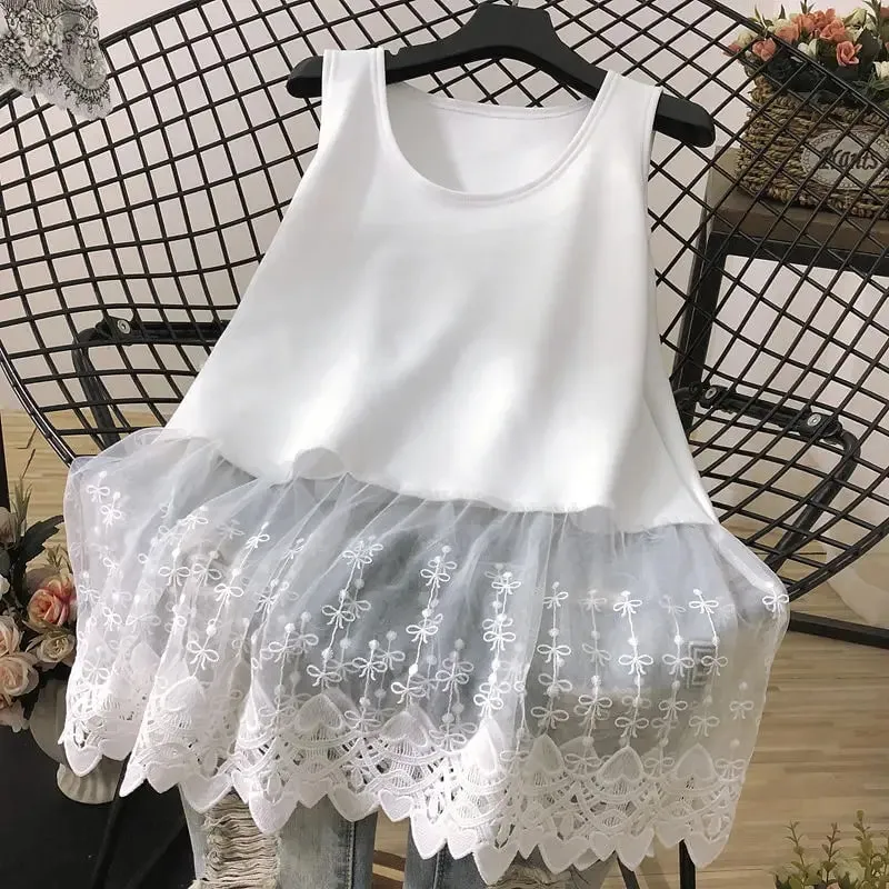Street Casual Lace Patchwork Tanks Summer New Sleeveless Solid Color Loose Youth White T Shirt Tops Fashion Trend Women Clothing — image 3