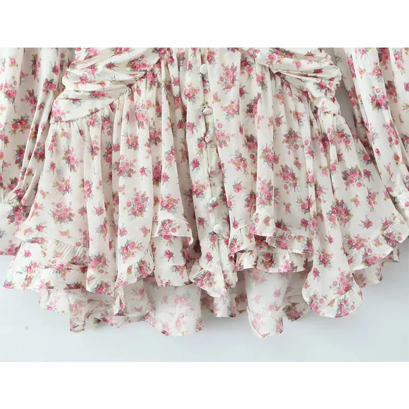 Boho Floral Print Ruffle Mini Dress Women Front Button Long Sleeve V Neck Spring Dresses 2025 Holiday Robe Short Vestidos — image 7
