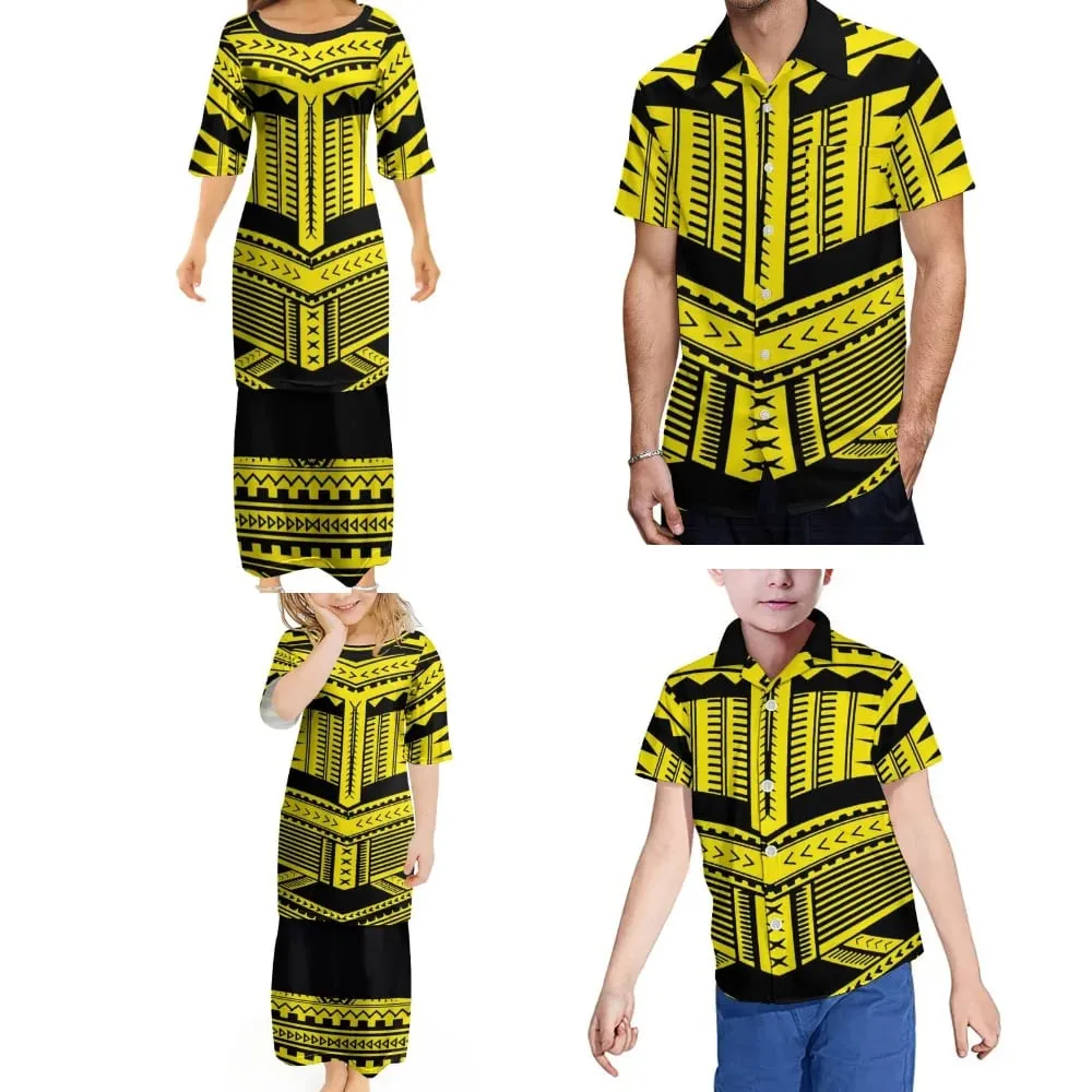Polynesian Retro Tribal Print Ethnic Design Custom New Women'S Puletasi Men'S Shirt Adult Children Samoan Family Clothing — image 3