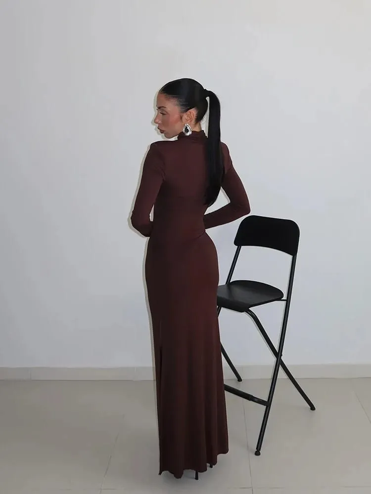 Ahagaga-Vestidos largos sexys para mujer, vestidos lisos de cuello alto, mangas largas regulares, calados, ajustados, ajustados, para fiesta