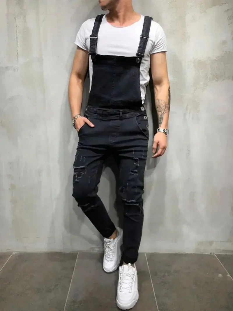 Men Jeans Jumpsuits Denim Overalls Distressed Pockets One Piece Pencil Pants Solid Washed Ankle Length Safari Style Spliced — image 11