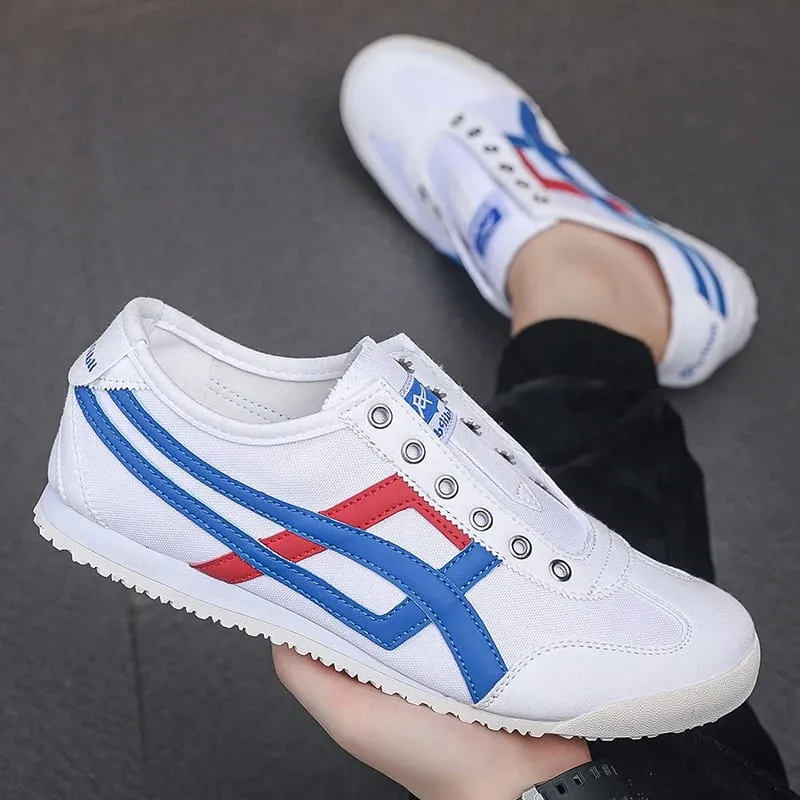 Men's Striped Canvas Sneakers Low Top Casual Walking Trainers with Extra Laces Flat Trainer Shoes Dual Wear Lace Up or Slip On