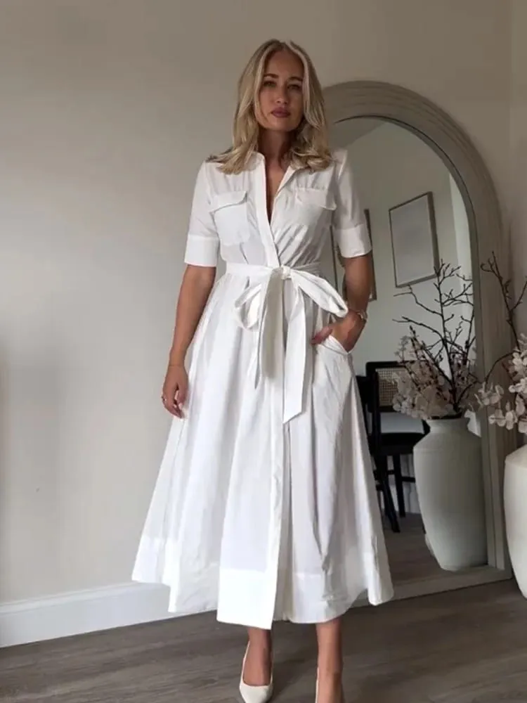 HH Women Summer Lapel Short Sleeve Pocket Single-Breasted Belt Decorate Midi Dress Female Fashion Shirt Style Pleated Dress — image 3