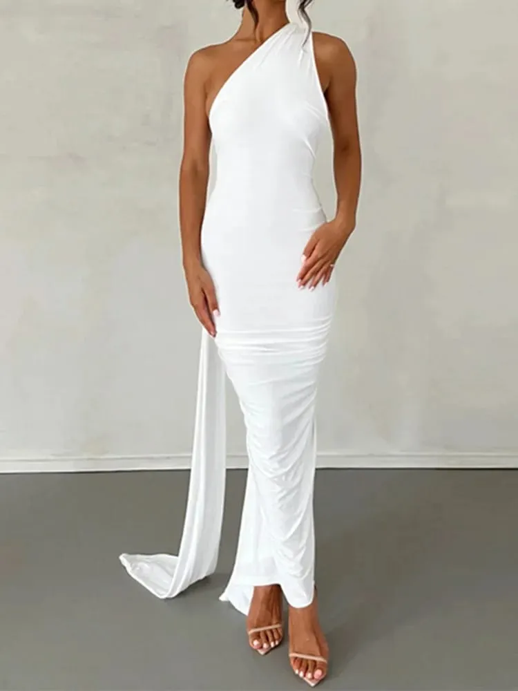 Neon Y2K Clothes One Shoulder Sleeveless Backless Ruched Bodycon Maxi Dresses For Women Club Birthday Party Evening Prom — image 2