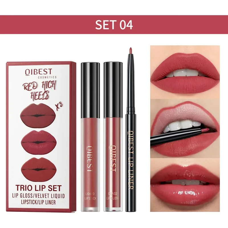 Matte Liquid Lipstick&Lip Liner&Lip Gloss 3Pcs Sets Long Lasting Non-stick Cup Red Black Purple Lip Tint Cosmetics Kits — image 13