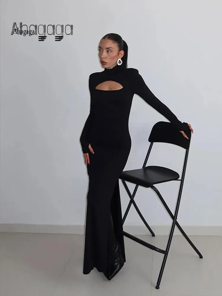 Ahagaga-Vestidos largos sexys para mujer, vestidos lisos de cuello alto, mangas largas regulares, calados, ajustados, ajustados, para fiesta