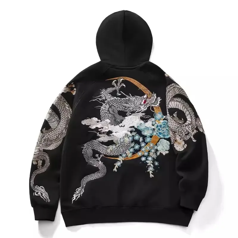 Makuluya Hoodies Yokosuka Black Dragon Phoenix Suzaku Pattern Embroidered Pullover Sakura