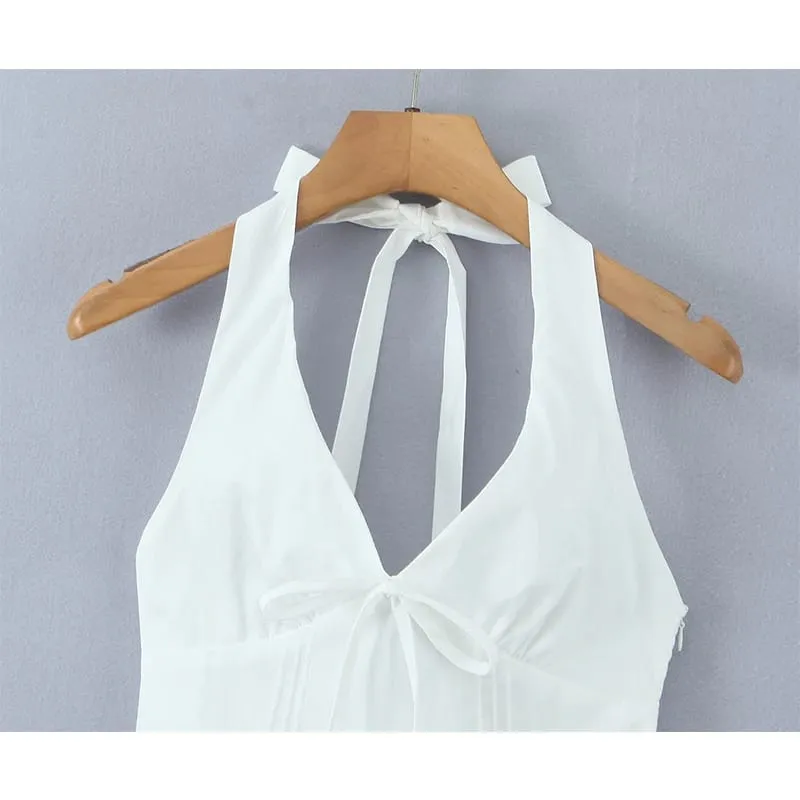 Mini Robe blanche à col licou, Sexy, décolleté en V profond, mode femme, dos nu, ligne a, robes de soirée élégantes, Robe d'été à lacets