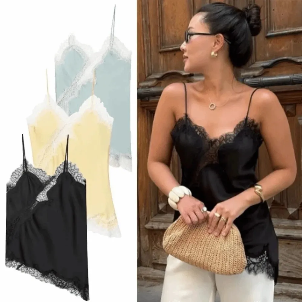 Elegantní asymetrický krajkový patchworkový top bez rukávů košilka bez zad s výstřihem do V sexy krajka dámské tílko letní oblečení — image 5