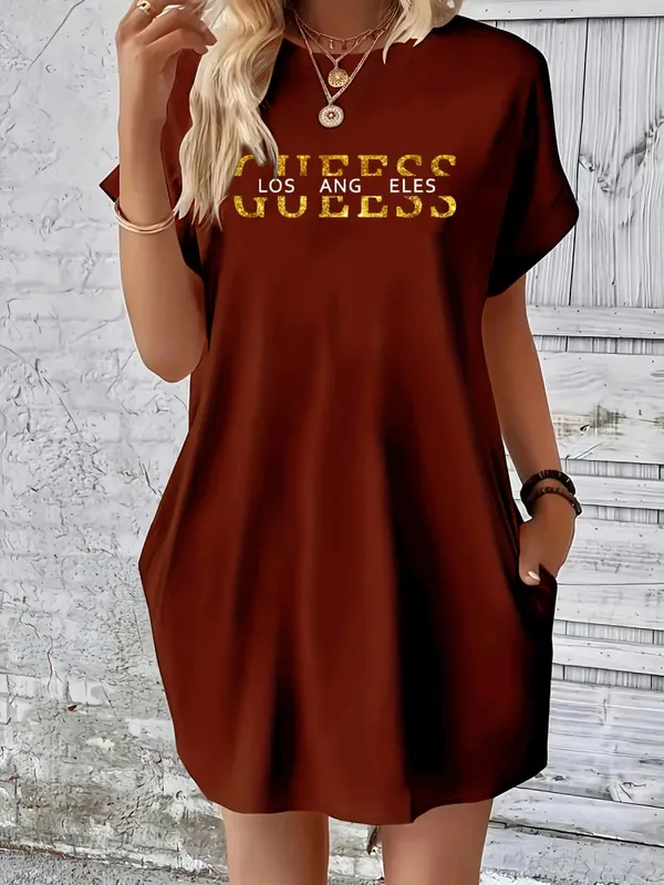 Ladies' summer loose GUEESS Los Angeles letter pattern print round neck short sleeved pocket comfortable casual plus size dress