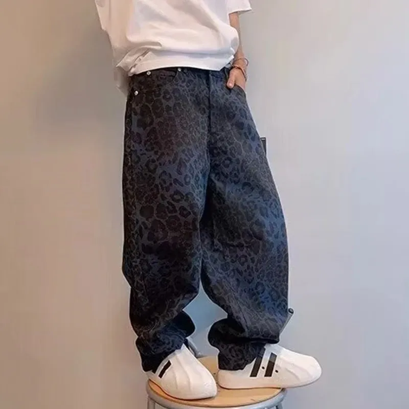 Men Loose Wide Leg Leopard Graphic Jeans Male Classic American Vintage Denim Pants Youth Popular Daily Streetwear Denim Trousers — image 10