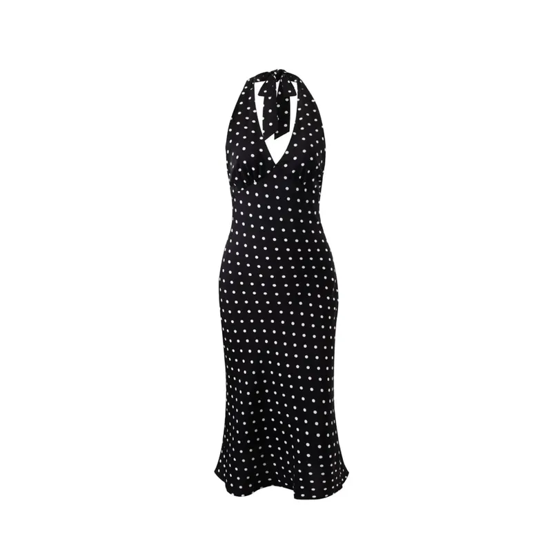 Tuularose Abito lungo con collo appeso a pois Abito da donna elegante senza spalline Sexy con lacci senza maniche Backless Fashion Club Abiti da festa