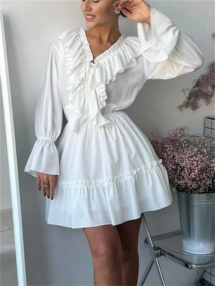Tossy Ruffled V-Neck White Mini Dress Female Patchwork Long Sleeve Elegant Bandage Fashion Dress High Waist Lace-Up Women Dress — image 3