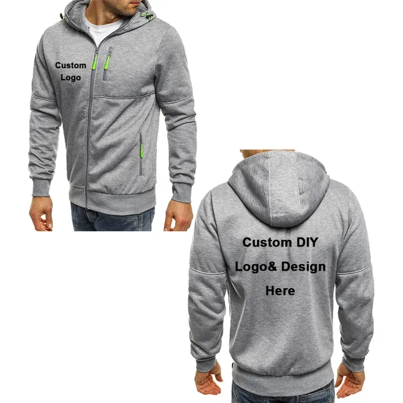 Hættejakke til mænd med lynlås og lommer Tilpasset logo Billedtekst Casual Sport Streetwear Herre Casual Cardigan Fashionabl