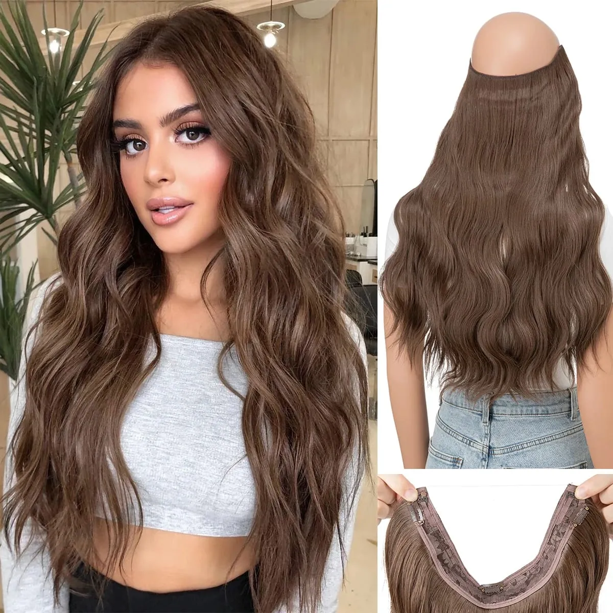 Synthetic Wave Invisible Clip in Hair Extensions Fish Line Ombre One Piece Natural Hairpiece Fake Blonde Hair Piece — image 11