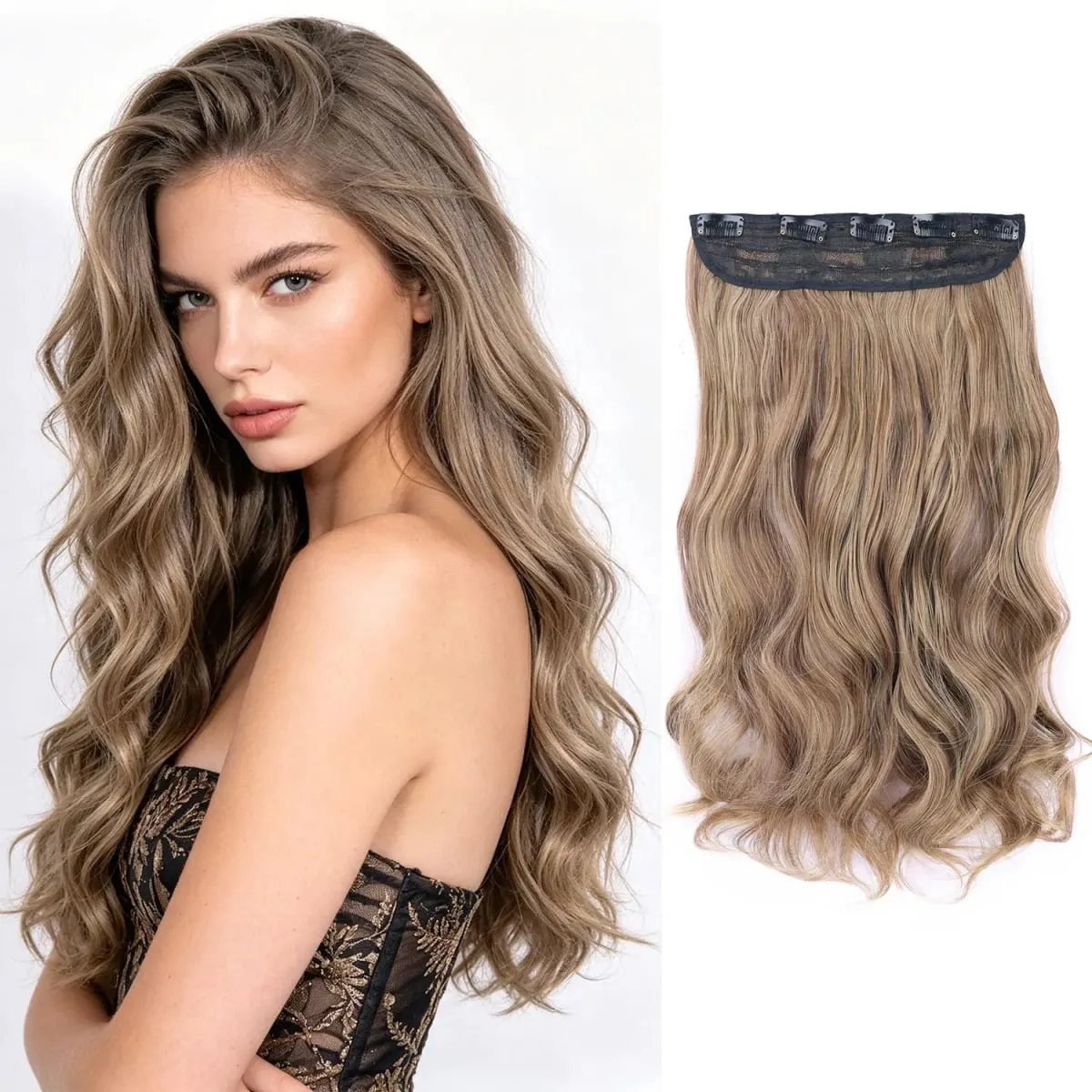 Syntetisk clip in hair extensions 5 clips i ét stykke højtemperatur fiber bølgede hårstykker til kvinder daglig festferie — image 10