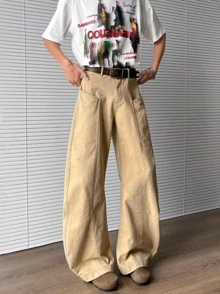 2025 Chic Y2K Fashion Khaki Patchwork Pleated Baggy Jeans Pants For Men Clothing Wide Leg Casual Loose Long Trousers Ropa Hombre