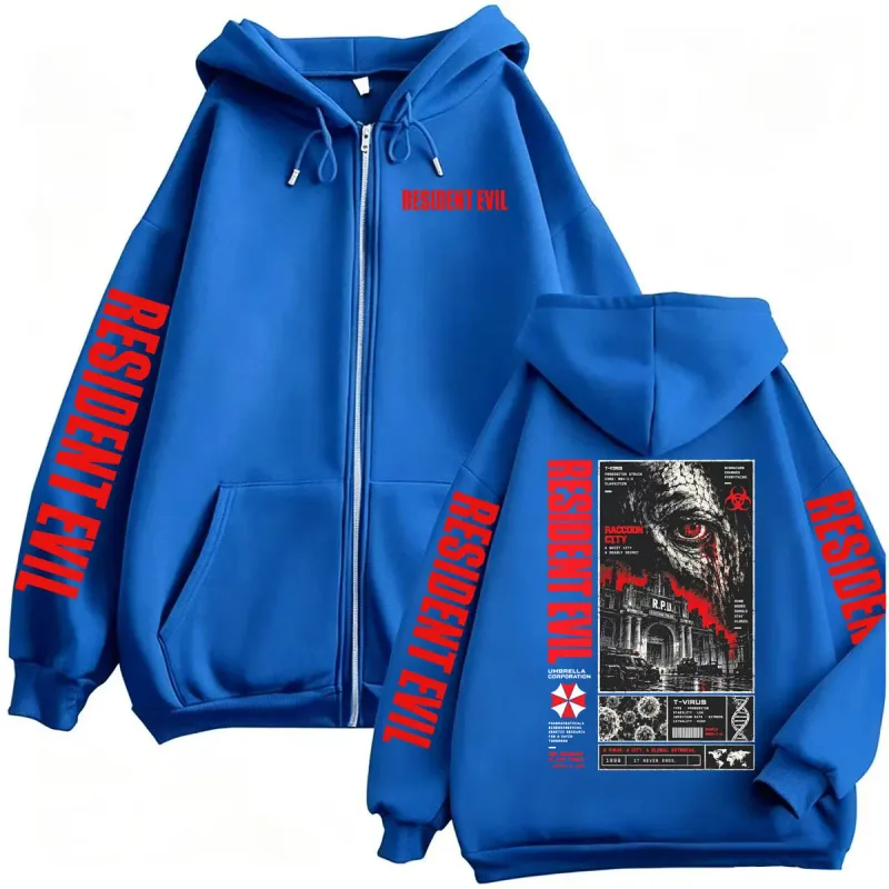 Vintaj Resident Evil T-Virus Permainan Seram Zip Up Hoodies Lelaki Wanita Harajuku Gothic Fesyen Jaket Sweatshirts Kot Streetwear