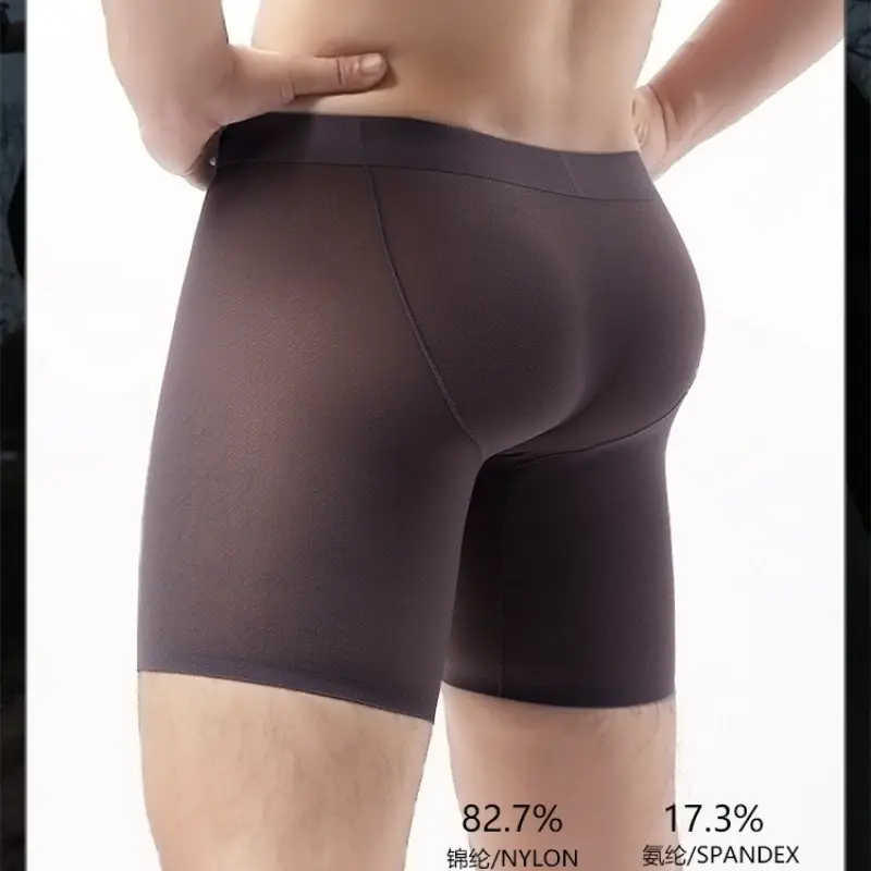 Boxer Long en soie glacée pour hommes, sous-vêtements de sport Ultra-fins respirants, culotte transparente Sexy, séchage rapide, pochette en U