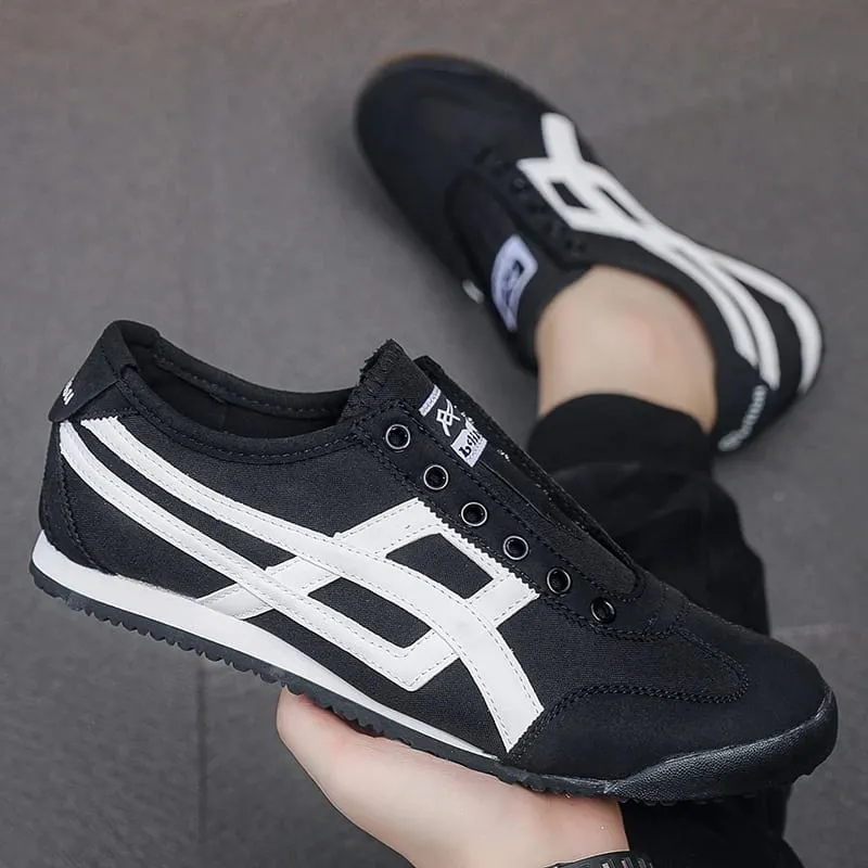 Men's Striped Canvas Sneakers Low Top Casual Walking Trainers with Extra Laces Flat Trainer Shoes Dual Wear Lace Up or Slip On — image 3