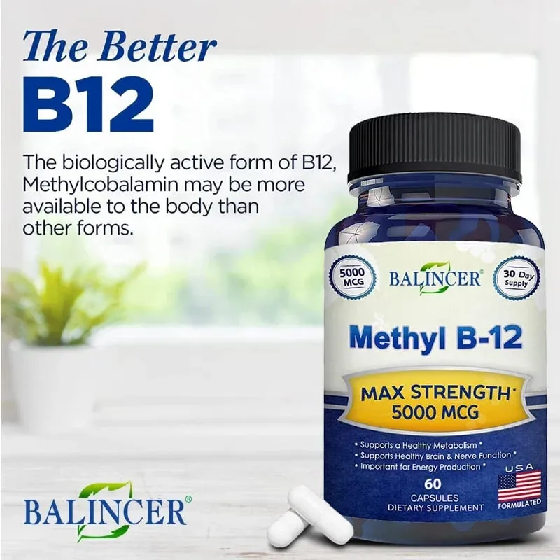 Vitamin B12 - 5000 MCG Supplement -Benefits Brain & Heart Function Supports Memory Learning Helps Boost Natural Energy
