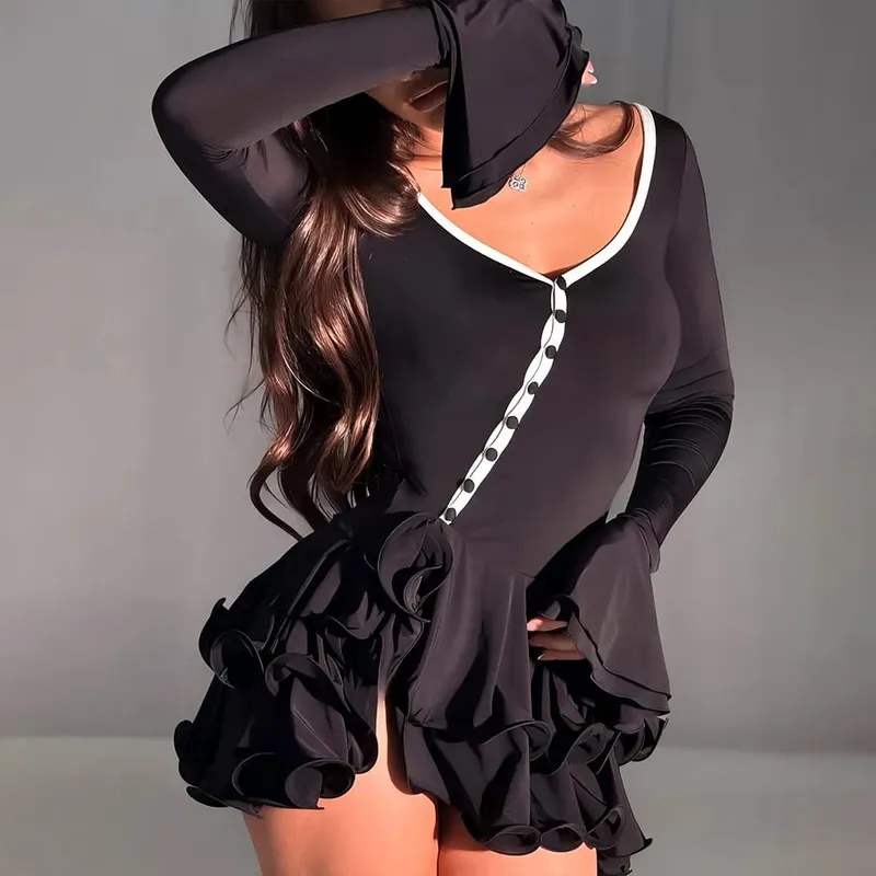 Blifanbo Flare Sleeve Ruffle Sexy V Neck Mini Women Robe Irregular Single-breasted High Waist Slim A-line luxury birthday Dress — image 5