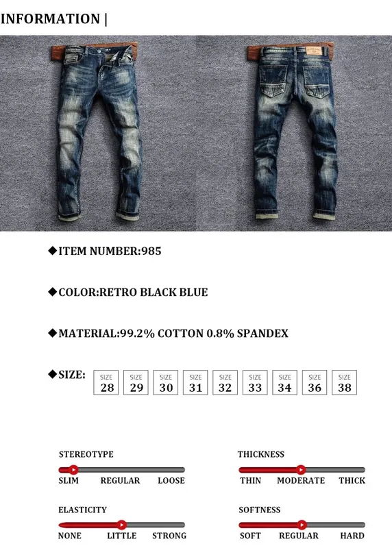 Italian Style Fashion Men Jeans Retro Black Blue Elastic Slim Fit Ripped Jeans Men Trousers Vintage Designer Casual Denim Pants — image 7