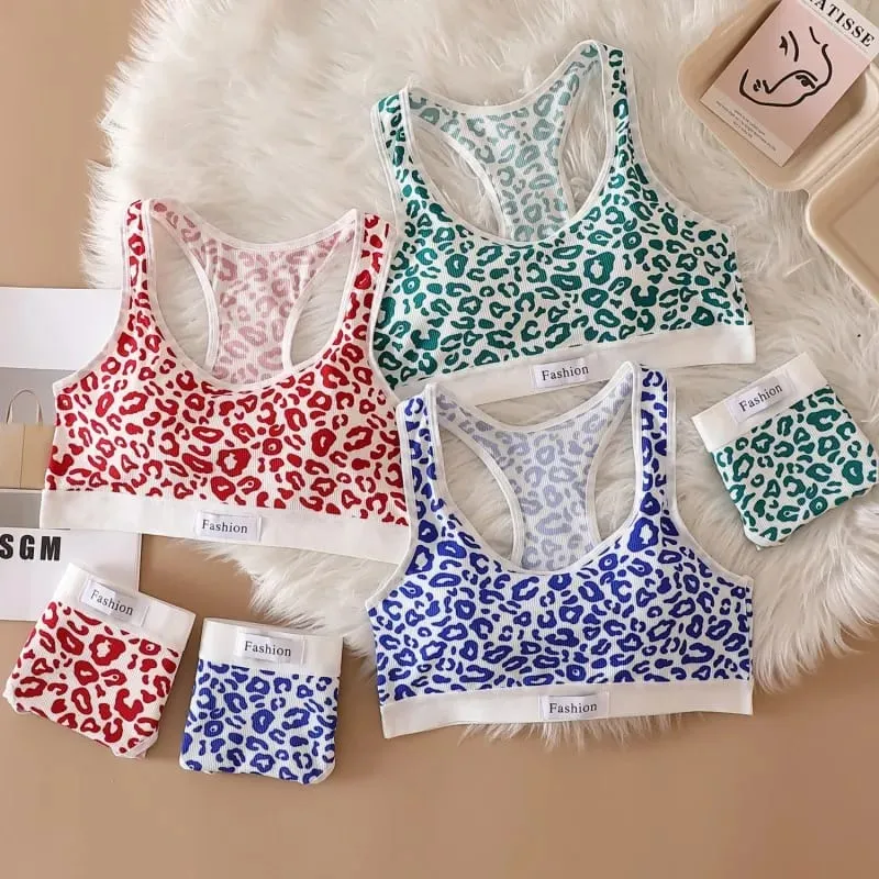 Set Bra Mulus Bra Nirkabel Bentuk Y Macan Tutul Wanita Celana Dalam Pinggang Rendah Pakaian Dalam Seksi Set Pakaian Dalam Wanita Bra Olahraga — image 3