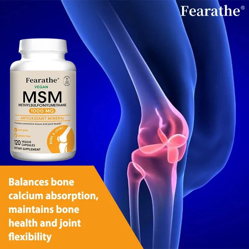 Fearathe Methylsulfonylmethane(MSM) 1000 مجم مضاد للأكسدة يعزز صحة المفاصل، امتصاص متوازن للكالسيوم، غير معدّل وراثيًا، خالي من الغلوتين