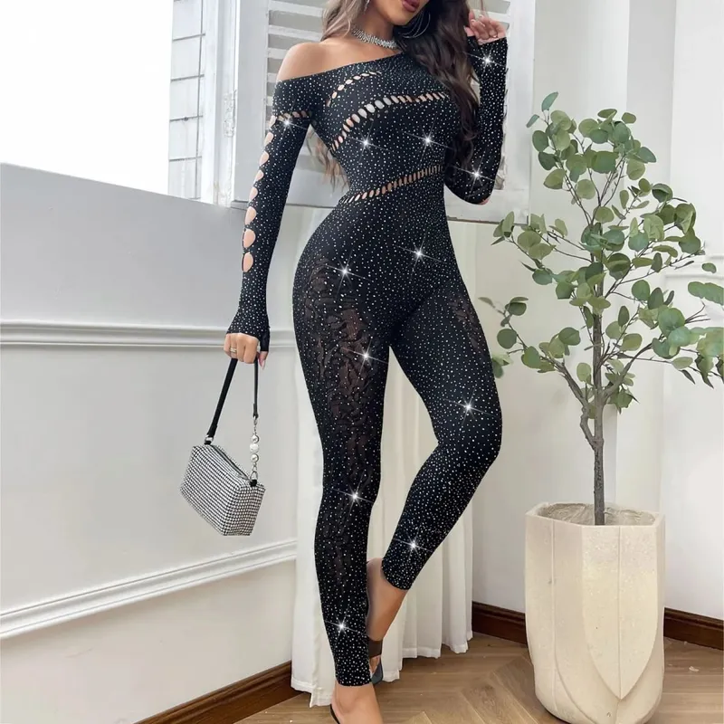 Combinaison Sexy en maille strass pour femmes, manches longues, transparente, bas de corps très extensibles, combinaison Club, grande taille, Stock Lingerie — image 7