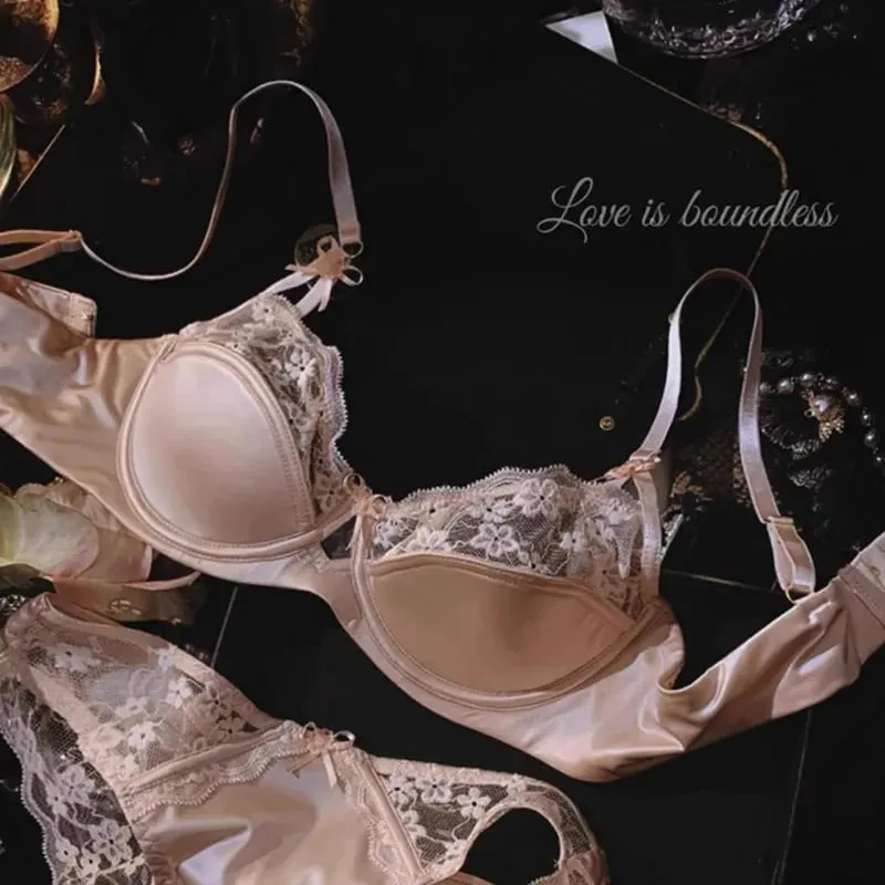 Sexy Lace Floral Bra Set Thin Section Breathable Small Breasts Gathered Collect Side Breasts Glossy Solid Color Underwear Set — image 4