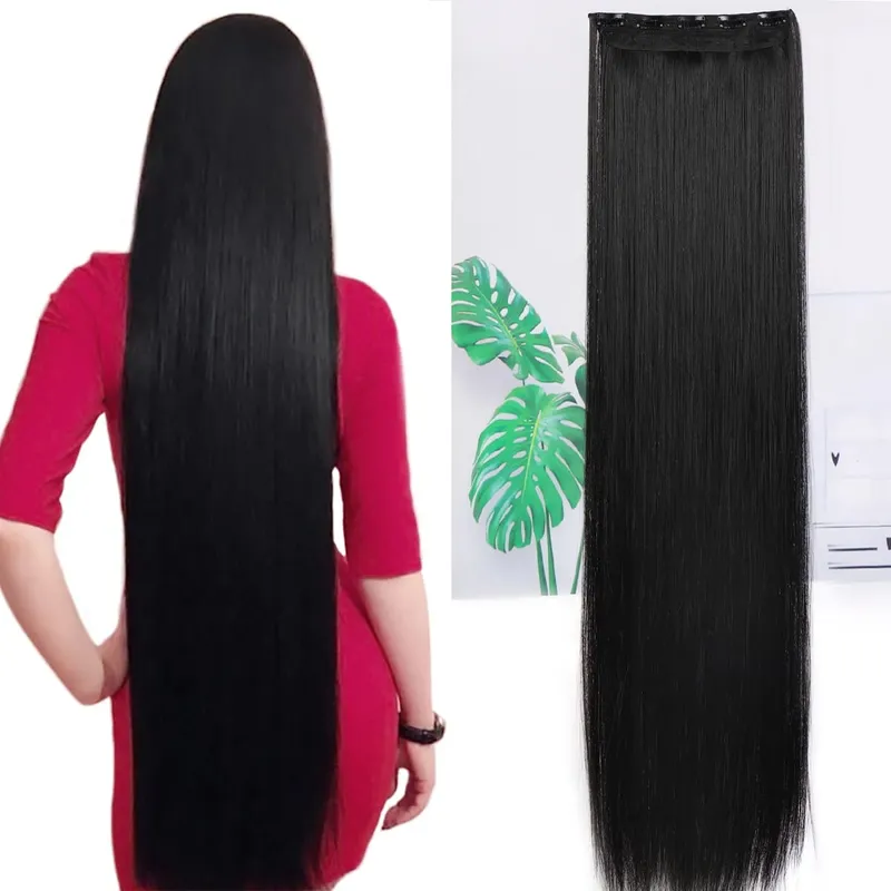 WTB Synthetic 100cm 5 Clip In Hair Extension Heat Resistant Long Straight Black Fake Hairpiece for Women Natural Fake Hair 5 Siz — image 11