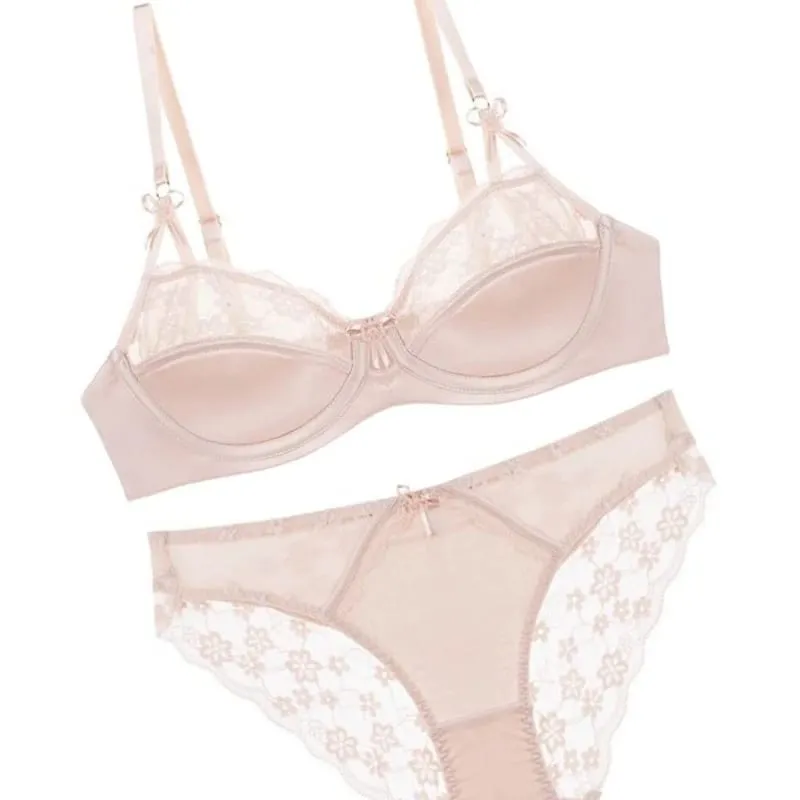 Set reggiseno in pizzo francese sottile a mezza tazza da donna Minimizer per busto grande Push Up Supporto laterale anti-cedimento Comfort Set intimo quotidiano sexy — image 4