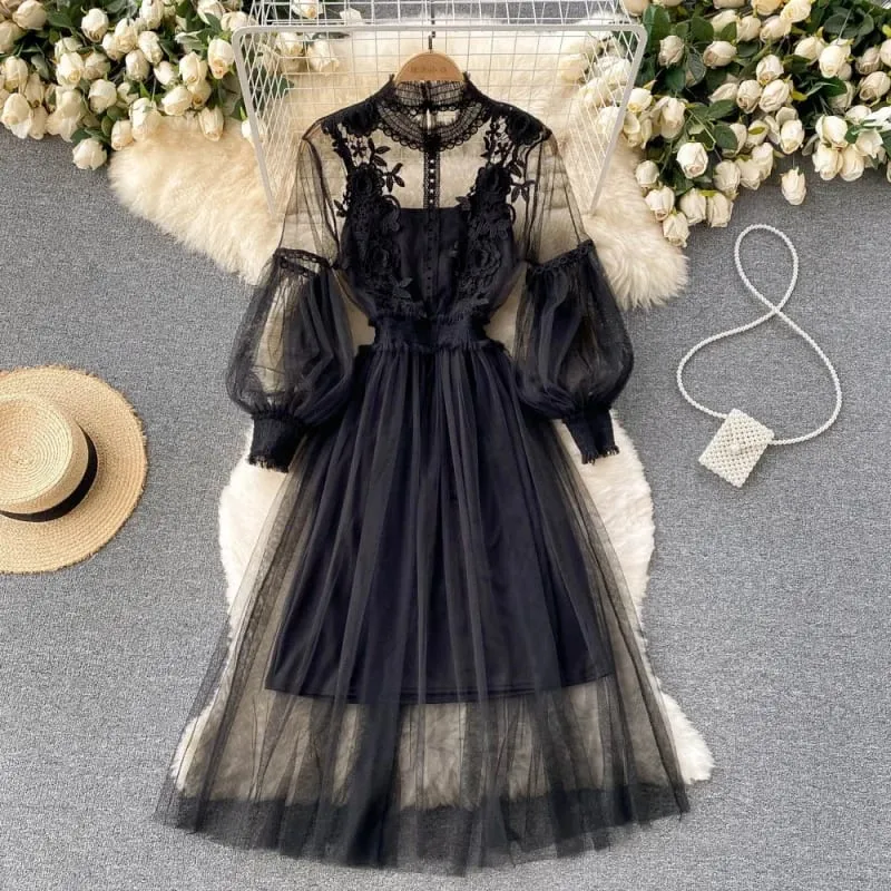 New Lace Flower Mesh Dress Summer Lantern Sleeve White Long Dresses For Women Party Vintage Elegant Dress 2 Piece Sets 12041 — image 3