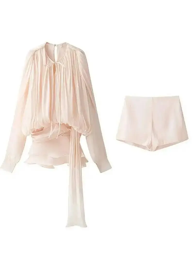Top Beige chemisier uni Mini robes pour femmes col en V à manches longues épissé à lacets Style doux robe femme vêtements mode P7WI — image 3