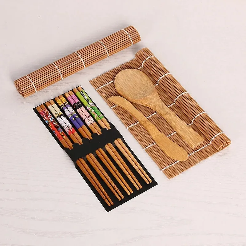 9Pcs/Set Bamboo Sushi Making Kit Sushi Mat Including 2 Sushi Rolling Mats 5 Pairs of Chopsticks 1 Paddle 1 Spreader Cooking Tool — image 1