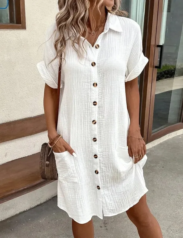 Summer Solid Simple Short Sleeve Shirt Dress Women's Turn-down Collar Single Breasted Casual Elegant Ladies Loose Dresses — image 5