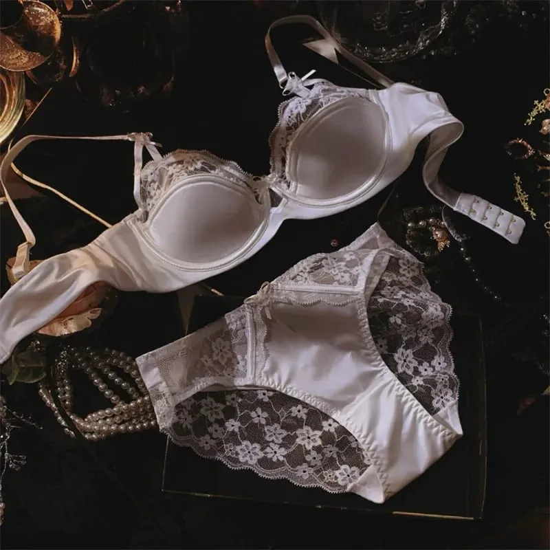 Sexy Lace Floral Bra Set Thin Section Breathable Small Breasts Gathered Collect Side Breasts Glossy Solid Color Underwear Set — image 7