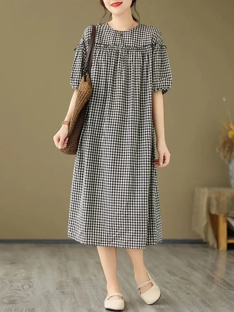 short sleeve oversized cotton linen vintage plaid new in dresses for women casual loose long summer dress elegant clothing 2026 — image 4