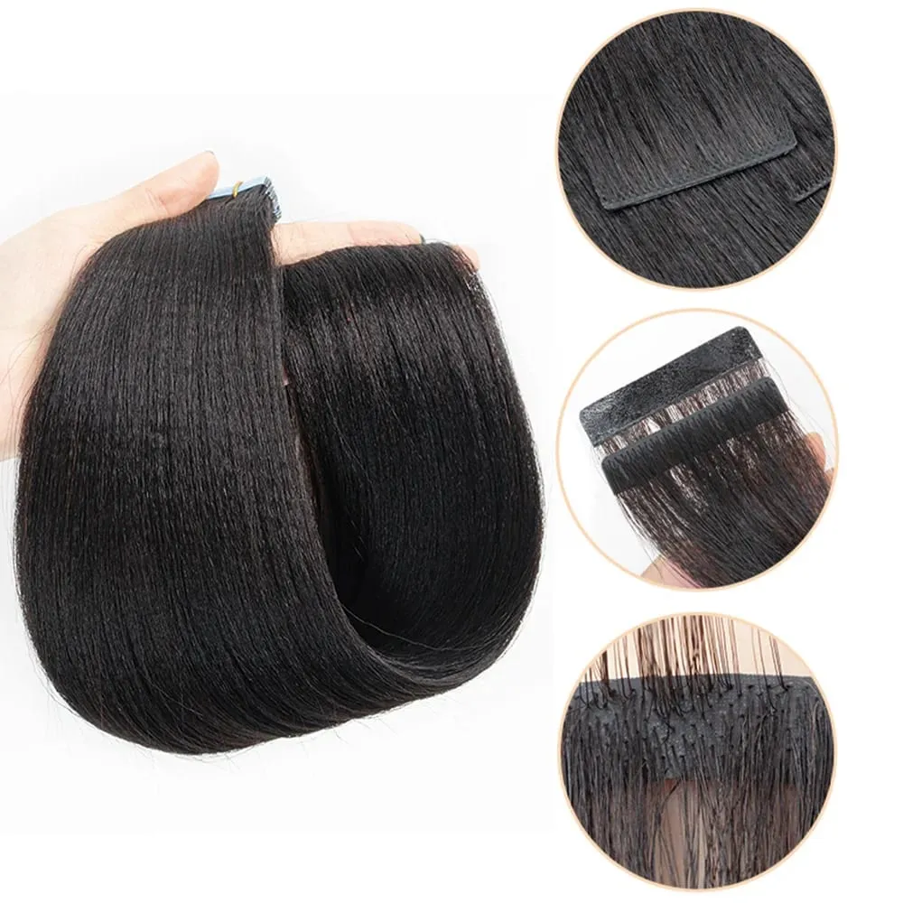 Light Yaki Straight Invisible Tape In Human Hair Extensions 12-20" PU Skin Weft Natural Black 100% Remy Hair Adhesive 20pcs/pack — image 3
