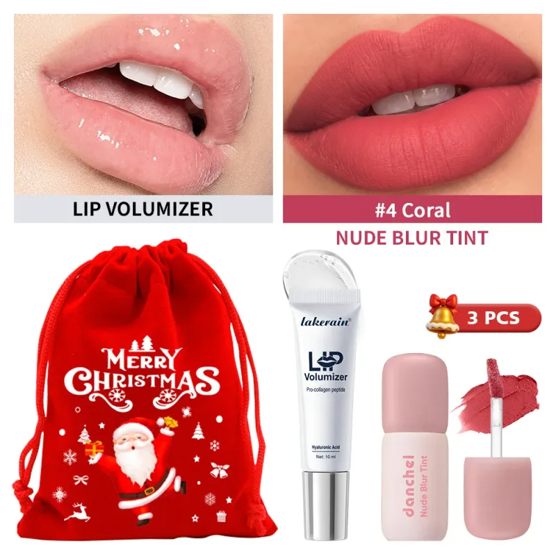 3 Pcs Christmas Lip Set Lip Volumizer Serum & Nude Blur Lip Tint Moisturizing Plumping Long Lasting Matte Lip Makeup Holiday Kit