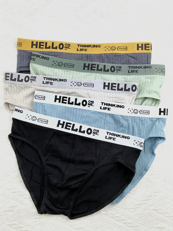 5-Pack Men's Cotton Briefs with HELLO Waistband And Textured Design for Comfortable Underwear
