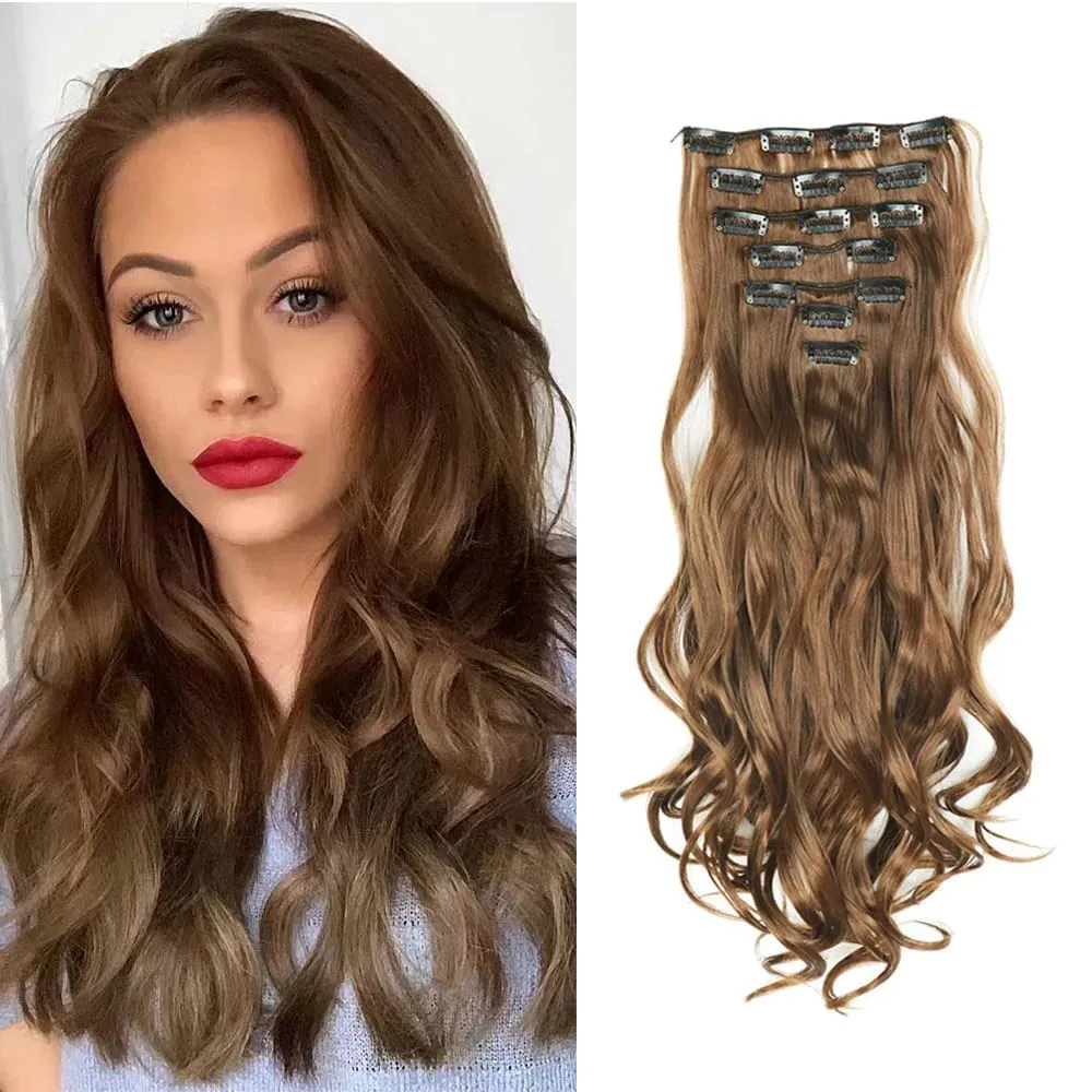 Clip In Hair Extensions 7PCS Full Head 22 Inch Long Curly Wavy Synthetic Hair Pieces Natural Wavy For Women Girls Hair — image 23